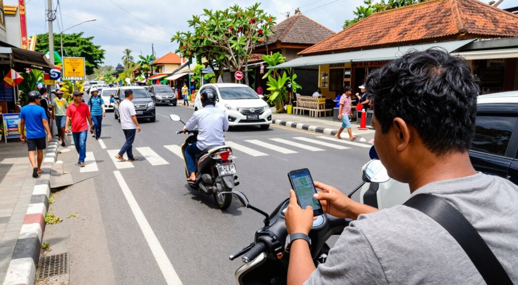 A vibrant, bustling road scene in Bali, showcasing safe driving tips. In the foreground, a focused driver in modest casual clothing is visibly checking a well-marked navigation app on a smartphone, while a seatbelt secures them. In the middle, motorbikes and cars navigate a lively street filled with colorful local shops and greenery, emphasizing the rich culture of Bali. A group of pedestrians crosses at a marked crosswalk, highlighting safety awareness. In the background, traditional Balinese architecture can be seen along the roadside, under a bright, sunny sky. The image is captured with natural lighting, providing a warm and inviting atmosphere, suggesting caution yet adventure in exploring Bali’s unique traffic landscape. The angle is slightly elevated to show the flow of traffic, evoking a sense of movement and energy.