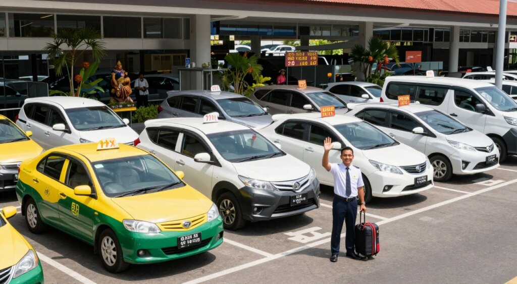 A vibrant, bustling scene at Bali's Ngurah Rai Airport pickup zone, showcasing various transfer options like taxis, shuttles, and private cars parked in a well-organized area. In the foreground, a friendly driver in professional attire waves to arriving travelers with luggage. In the middle, modern vehicles of different types are arranged neatly, displaying a variety of pricing signs for each transfer option. The background features the airport entrance, adorned with tropical plants and subtle decorative elements that reflect Bali's culture. The atmosphere is sunny and inviting, with bright, natural lighting casting soft shadows. The image captures a sense of efficiency and warmth, illustrating the ease of airport transfers in Bali while maintaining a professional, clean aesthetic.