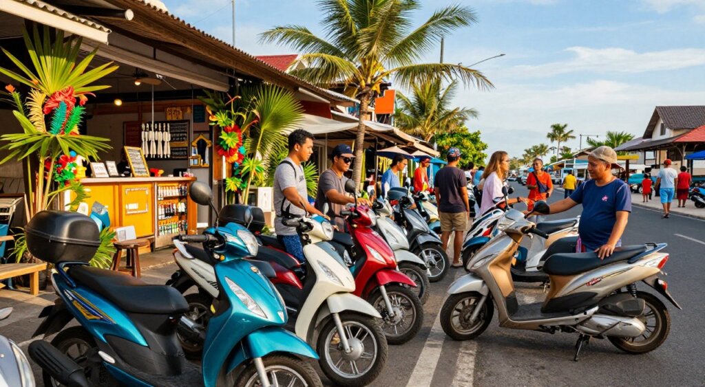 A vibrant, bustling street scene in Kuta, Bali, showcasing an array of affordable travel scooters lined up for rental. In the foreground, a well-maintained, colorful scooter with a friendly rental shop in the background, decorated with tropical plants. The middle ground features casual tourists, dressed in modest summer attire, examining the scooters and interacting with the rental staff. The background reveals Kuta’s lively atmosphere with beachgoers and palm trees under a clear blue sky, creating an inviting tropical vibe. The lighting is bright and warm, resembling late morning sun, emphasizing a cheerful and budget-friendly atmosphere. The image should have a photojournalistic style, evoking a sense of adventure and accessibility.