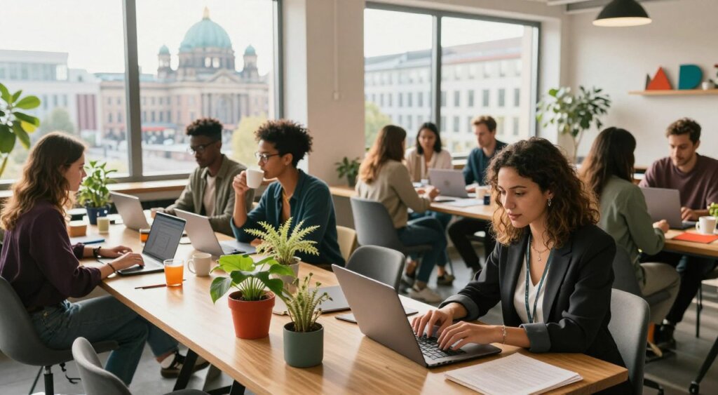 A vibrant, bustling workspace in a modern coworking environment in Berlin, showcasing digital nomads of diverse backgrounds engaged in their work. In the foreground, a woman in professional business attire types on her laptop at a communal table, surrounded by plants and colorful decor. In the middle ground, groups of individuals collaborate over coffee, highlighting conversations in multiple languages, with laptops and notebooks scattered around. The background features large windows offering a view of iconic Berlin architecture, bathed in warm, natural sunlight filtering through. The mood is dynamic yet focused, capturing the essence of cultural exchange and innovation in a digital nomad's life. The image is richly detailed and immersive, reflecting the intersection of work and culture in Germany.