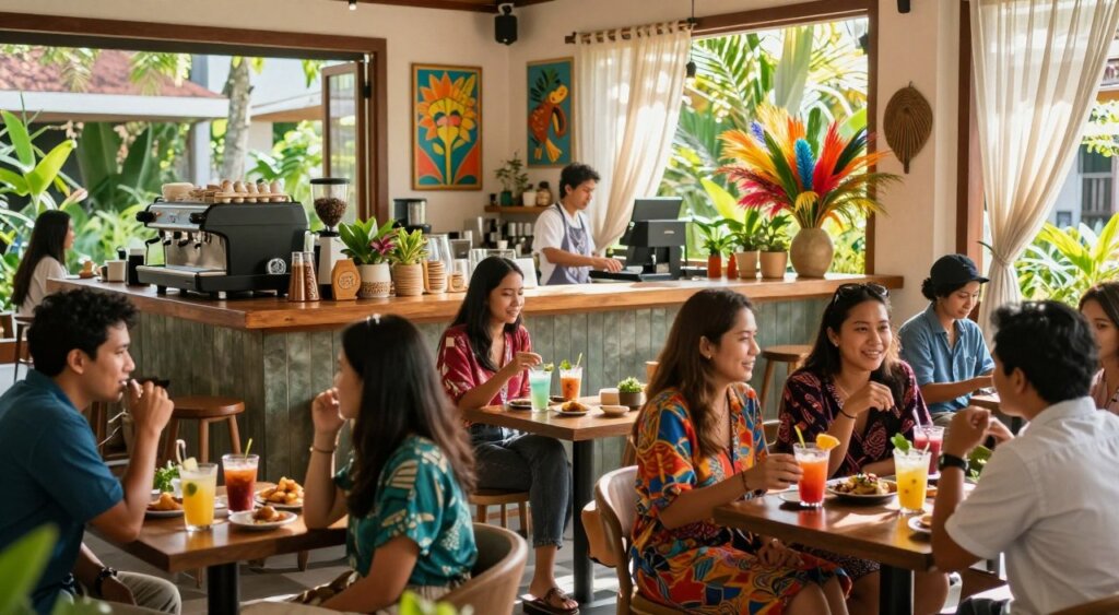 A vibrant cafe atmosphere in Bali, capturing the essence of Bali Bagus Cafe. In the foreground, a diverse group of customers, men and women dressed in colorful, modest casual clothing, engaged in lively conversations over beautifully presented drinks and snacks. The middle ground showcases an inviting barista station with polished wood counters and artisan coffee machines, while lush potted plants and handmade wooden decor enhance the ambiance. In the background, rays of golden sunlight filter through large, open windows, illuminating cheerful wall art and vibrant tropical arrangements. The mood is warm and inviting, evoking a sense of community and relaxation, with a slight breeze rustling the sheer curtains. The composition should resemble a National Geographic photojournalism style, focusing on natural light and capturing candid moments with a soft depth of field to bring a sense of intimacy to the scene.