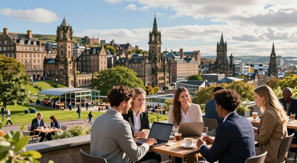 A vibrant cityscape showcasing the best cities in Scotland for digital nomads, featuring iconic architecture and lush green spaces. In the foreground, a group of diverse professionals in business casual attire are collaborating at an outdoor café, with laptops and cups of coffee on the table, embodying the essence of remote work. The middle ground highlights historic buildings and modern coworking spaces, with people engaged in networking. The background captures rolling hills and the picturesque skyline, under a bright blue sky with soft clouds. The scene is bathed in warm afternoon sunlight, creating a welcoming and inspiring atmosphere. The perspective is slightly elevated, simulating a lively urban environment, reminiscent of National Geographic photojournalism.