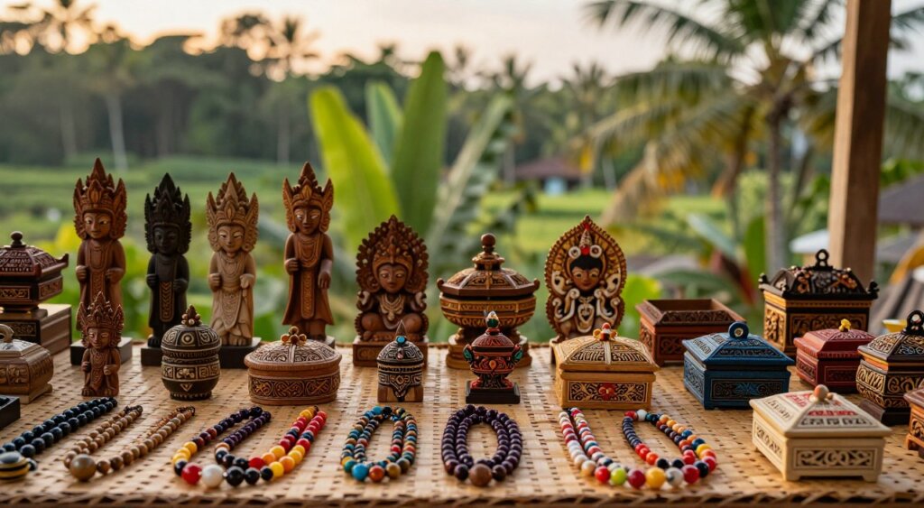 A vibrant close-up shot of a collection of intricate Balinese handcrafted trinkets displayed on a woven bamboo mat. In the foreground, showcase a variety of items such as carefully carved wooden statues, colorful beaded necklaces, and delicate handmade trinket boxes, each reflecting the rich artistry of Bali. The middle ground should feature a softly blurred background of lush tropical foliage, enhancing the natural beauty and cultural heritage of the island. Warm, soft lighting mimics the golden glow of a Bali sunset, casting gentle shadows that highlight the craftsmanship of each piece. The overall atmosphere is inviting and serene, capturing the essence of Bali as a place of artistic splendor and relaxation.