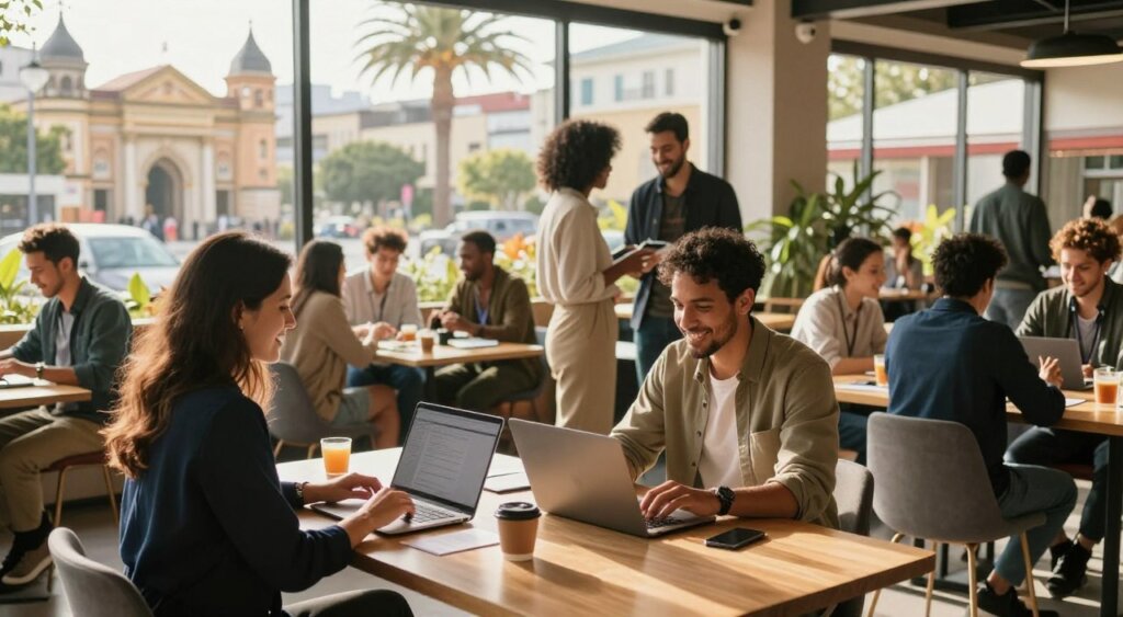 A vibrant co-working space filled with diverse digital nomads from various cultures engaged in their work. In the foreground, a woman in professional business attire sits at a stylish desk, collaborating with a man in modest casual clothing, both focused and smiling as they discuss ideas over laptops. In the middle, other professionals are seen networking and sharing laughter, creating an atmosphere of community and innovation. The background showcases scenic views of a bustling foreign city with iconic architecture, palm trees, and a lively outdoor café, highlighting the advantages of cultural immersion. The lighting includes warm, natural daylight streaming through large windows, creating an inviting and productive atmosphere, while a slight depth of field emphasizes the enthusiastic interactions among the individuals.