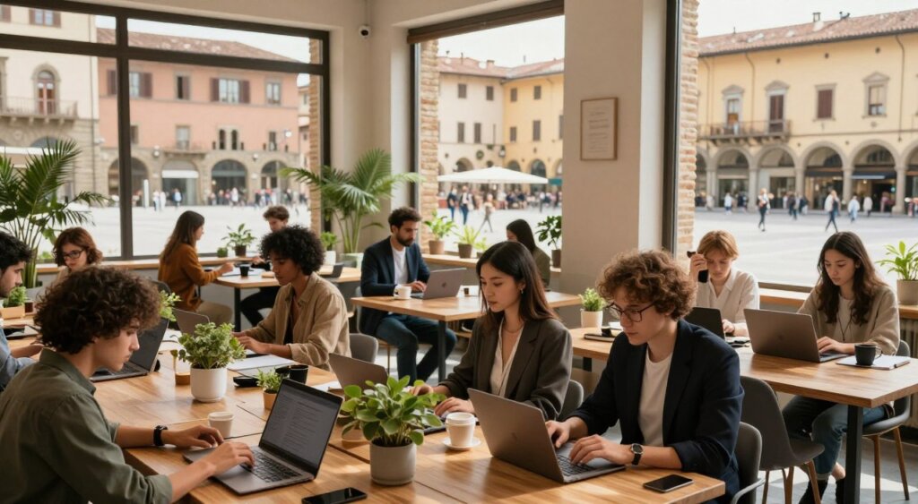 A vibrant co-working space in Italy, showcasing a blend of modern design and traditional architecture. In the foreground, diverse digital nomads are intently working on laptops, dressed in smart casual attire. The middle ground features elegantly arranged wooden desks with greenery and coffee cups, fostering a relaxed yet productive atmosphere. The background reveals large windows opening up to a scenic view of an Italian piazza with terracotta buildings and street life. Soft, natural lighting filters through the windows, creating warm shadows that enhance the inviting feel of the space. Capture the essence of connectivity and collaboration among individuals in an inspiring workspace that reflects the Italian culture and lifestyle. The composition should convey a sense of community and innovation in a bustling yet serene environment.