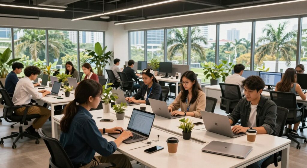 A vibrant co-working space in Malaysia, showcasing a digital nomad's work infrastructure. In the foreground, a diverse group of professionals in business casual attire are engaged with laptops, collaborating around a large table covered with tech gadgets and coffee cups. The middle background features modern workstations with high-speed internet setups, plants, and large windows revealing a tropical view of palm trees and city skyline. Soft, natural lighting streams in, creating a warm and inviting atmosphere. The image captures the spirit of connectivity and creativity essential for digital nomads. A wide-angle perspective highlights the bustling environment, emphasizing modern architecture and the harmonious blend of nature and technology in a busy yet serene workspace.