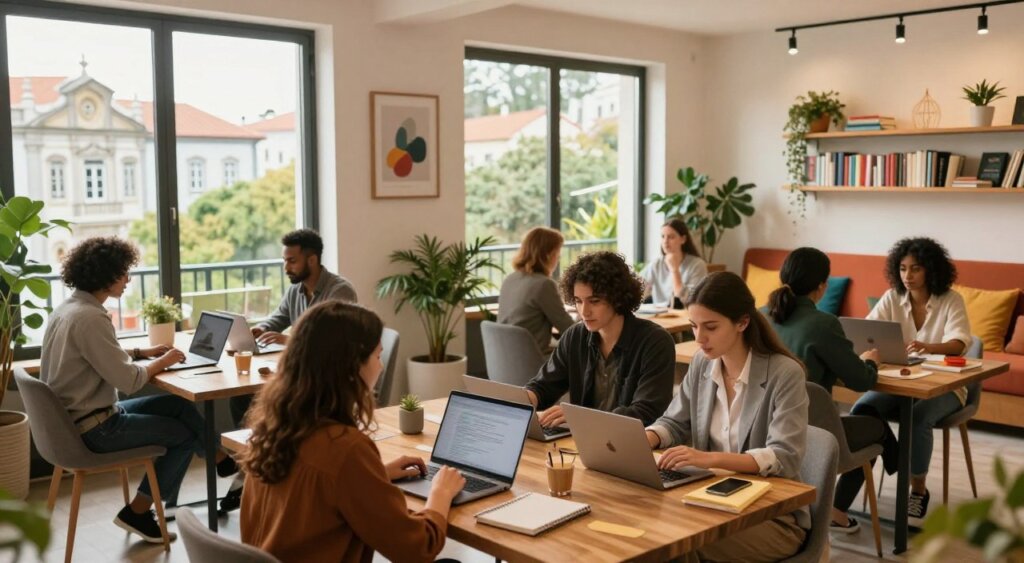 A vibrant co-working space in Portugal, designed for digital nomads. In the foreground, a group of diverse professionals in business casual attire collaborate over laptops and notebooks at sleek wooden tables, showcasing a mix of genders and ethnicities. In the middle ground, large windows flood the space with natural light, offering views of historic Portuguese architecture and lush greenery. The background features a cozy lounge area with colorful decor, plants, and shelves filled with books, creating an inviting atmosphere. The lighting is warm and soft, emphasizing an atmosphere of creativity and productivity. Capture the scene from a slightly elevated angle to highlight the dynamic interactions and modern workspace design, evoking a sense of community and networking.
