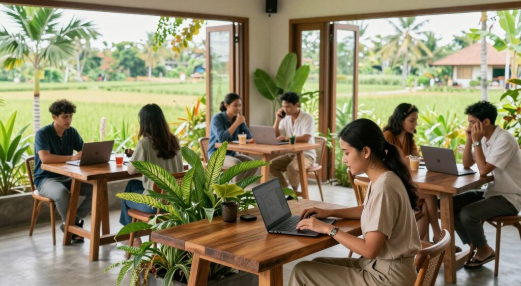 A vibrant co-working space in Ubud, Bali, filled with expats working on laptops. In the foreground, a professional-looking woman in modest casual attire types on her laptop at a rustic wooden table adorned with tropical plants. In the middle ground, diverse individuals engaged in discussions, some on the phone, while others are collaborating over a project, all surrounded by bright natural light streaming through large windows. The background features lush greenery and a tranquil rice field view visible through open doors, creating a seamless indoor-outdoor atmosphere. The image should have a warm, inviting tone, highlighting the relaxed yet focused ambiance of Ubud's unique work spaces. Shot with a wide-angle lens to capture the expansive feel of the environment, with soft, diffused lighting to enhance the welcoming mood.