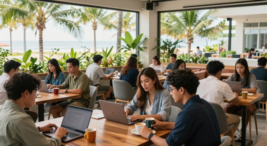 A vibrant co-working space in the Philippines, bustling with a diverse community of digital nomads collaborating on their laptops. Foreground features an open workspace with people in professional business attire and modest casual clothing, engaged in discussions and working on projects at stylish wooden tables, sipping coffee from colorful mugs. Middle ground showcases a blend of greenery, comfortable seating areas, and modern decor, with large windows allowing natural light to flood in, creating an inviting atmosphere. Background includes palm trees swaying gently outside and a hint of the beach in the distance, evoking a relaxed tropical vibe. The scene is shot in natural light with a focus on depth, capturing an energetic, community-driven environment, reflecting the connectivity and networking resources available to digital nomads.