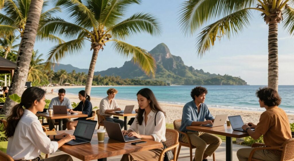 A vibrant co-working space overlooking a stunning beach in the Philippines, with palm trees in the foreground, and a clear blue sky. In the middle ground, a group of diverse digital nomads of varying ethnicities, dressed in professional attire and casual clothing, are engaged in work and conversation, their laptops open on wooden tables. The background features a scenic view of tropical mountains and crystal-clear water, creating a serene atmosphere. The lighting is warm and inviting, reminiscent of a late afternoon, enhancing the relaxed, productive vibe. The composition should evoke a sense of community and inspiration, with a focus on the lifestyle of location-independent professionals thriving in this beautiful destination.