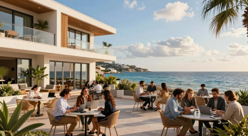 A vibrant coastal scene depicting modern housing options for remote workers in Cyprus. In the foreground, showcase sleek, stylish apartments with large balconies overlooking the shimmering Mediterranean Sea, adorned with verdant plants and comfortable furniture. In the middle, include a communal workspace filled with professionals in smart casual attire, engaged in focused discussions, surrounded by laptop computers and inspiring views of the coastline. The background features an azure sky with gentle clouds, and the distant hills of Cyprus, enhancing the idyllic atmosphere. The lighting is warm and inviting, reminiscent of a late afternoon sun, casting soft shadows that evoke a relaxed yet productive mood. The composition captures the essence of a dynamic digital nomad lifestyle in a picturesque setting, highlighting the perfect balance between work and leisure.