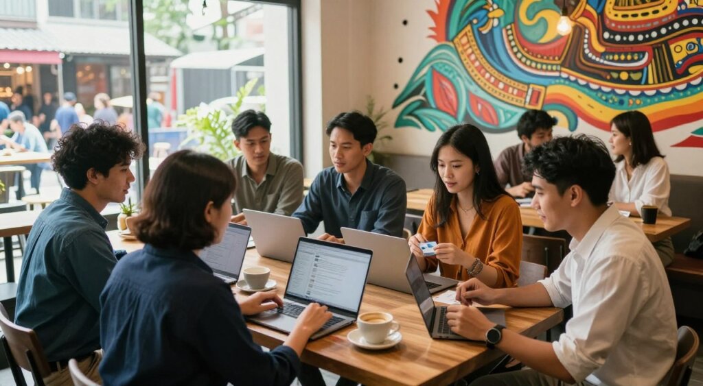 A vibrant coffee shop scene in Kuala Lumpur showcasing a group of digital nomads engaging in networking. In the foreground, a diverse mix of professionals in smart casual attire chat over laptops, exchanging ideas and business cards, with cups of coffee on the table. The middle ground features a large window with natural light pouring in, illuminating a mural on the wall that reflects Malaysian culture. In the background, you can see a bustling outdoor market, adding to the lively atmosphere. The composition is shot from a slightly elevated angle to capture both the cozy ambiance and the interactions between the individuals, conveying a sense of collaboration and community among digital nomads. The mood is energetic and inviting, emphasizing the opportunities for connection and professional growth.