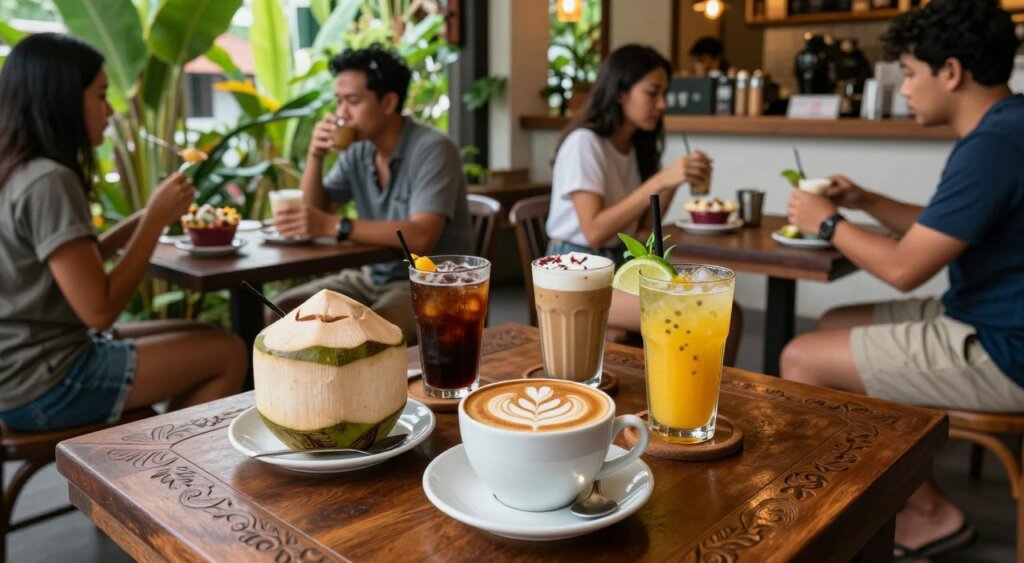 A vibrant coffee shop scene set in Bali, showcasing a variety of enticing beverages like artisan lattes, cold brews, and colorful smoothie bowls. In the foreground, a beautifully crafted wooden table displays a decadent latte adorned with intricate latte art, surrounded by a refreshing coconut drink and a bright tropical smoothie. The middle scene features relaxed patrons in modest casual clothes, enjoying their drinks and engaged in friendly conversation. The background captures lush tropical plants and the warm ambiance of the café with soft, natural lighting filtering through open windows. The perspective is slightly angled from above, highlighting the drink details and creating a cozy, inviting atmosphere reminiscent of Bali's café culture. The overall mood is relaxed and welcoming, perfect for coffee enthusiasts.