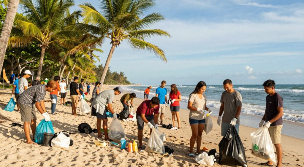 A vibrant community beach clean-up initiative in Kuta, showcasing a diverse group of enthusiastic volunteers dressed in modest casual clothing, actively picking up trash along the shoreline. In the foreground, smiling individuals of various ages are engaged in cleaning, some holding bags filled with collected waste, while others gather to discuss their efforts. The middle ground features picturesque palm trees and the sandy beach, with the azure waves gently lapping at the shore. In the background, a bright blue sky with wispy clouds enhances the scene, evoking a sense of hope and teamwork. The lighting is warm and natural, suggesting a sunny day. The photo is captured at a slightly angled perspective, providing depth and immersing the viewer in the dynamic atmosphere of community spirit and environmental responsibility.