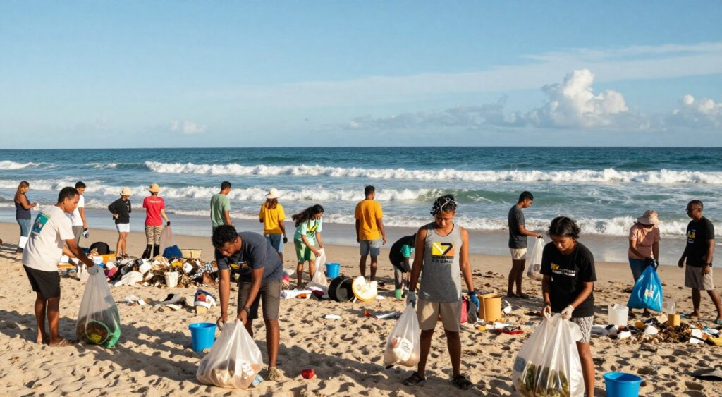 A vibrant community clean-up initiative at Kuta Beach, showcasing a diverse group of volunteers, including local residents and tourists, all wearing casual, modest clothing. In the foreground, individuals are seen collecting trash, their faces determined and engaged. The middle ground features piles of collected debris and beach equipment, hinting at the collective effort. In the background, the picturesque waves of the Indian Ocean crash against the sandy shore under a clear blue sky with a few fluffy clouds. The sunlight casts a warm, inviting glow, highlighting the joyful atmosphere of teamwork and shared purpose. Photographed in a documentary style, using a wide-angle lens to capture the breadth of the beach and participants, evoking a sense of hope and positive community impact.