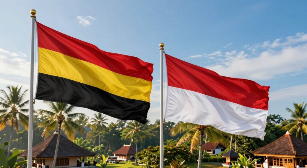 A vibrant comparison image showcasing the Bali flag side by side with the Indonesian flag. In the foreground, the two flags are prominently displayed on flagpoles, gently waving in a soft tropical breeze. The Bali flag features its distinctive colors of red, yellow, and black in bold, rich hues, while the Indonesian flag showcases its simple red and white design. In the middle ground, a lush Balinese landscape with palm trees and traditional architecture creates a serene backdrop, bathed in warm sunlight. The background features a clear blue sky with a few wispy clouds. The overall mood is peaceful yet vibrant, reflecting the cultural significance of both flags. Shot with a wide-angle lens to capture the flags and scenery, ensuring a sharp focus and vivid detail, perfect for photojournalism style.