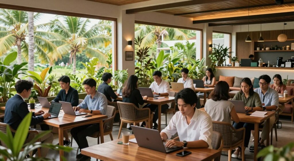 A vibrant coworking space in Bali, bustling with digital nomads immersed in their work. In the foreground, a diverse group of individuals, dressed in professional business attire and modest casual clothing, are focused on laptops at elegantly designed wooden desks surrounded by lush green plants. In the middle ground, large windows let in ample natural light, showcasing the dazzling tropical scenery outside, with palm trees swaying gently. The background features a stylish communal area with comfortable seating and modern decor. The atmosphere is relaxed yet productive, embodying the spirit of creativity and collaboration. Capture this scene in a wide-angle shot to emphasize the open layout, with warm, inviting lighting enhancing the sense of community.