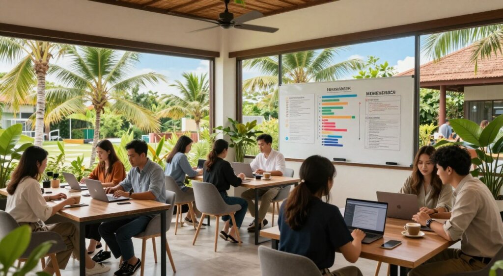 A vibrant coworking space in Bali designed for professional productivity, showcasing a shared desk area with modern furniture and tropical plants. In the foreground, diverse individuals are working on laptops, dressed in smart casual attire, collaborating over coffee at a communal table. In the middle, a large whiteboard displays colorful charts and membership plan details, creating a dynamic atmosphere. The background features large windows revealing a lush outdoor view of palm trees under a bright blue sky, filled with soft, natural light that enhances the warm, inviting atmosphere. Emphasize a sense of community and focus, using a wide-angle lens to capture the spacious layout. The overall mood should be energetic yet relaxed, ideal for remote professionals.