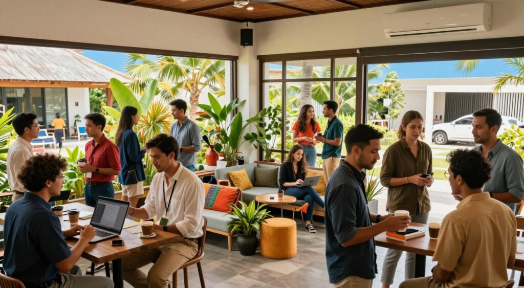 A vibrant coworking space in Bali filled with diverse professionals engaging in community events. In the foreground, a group of individuals in smart casual attire are networking, exchanging ideas over laptops and coffee. The middle ground features a casual seating area with tropical plants and colorful decor, while in the background, large windows reveal a sunny outdoor space with palm trees and a clear blue sky. The lighting is bright and inviting, creating a warm atmosphere. Capture the mood of collaboration and creativity, emphasizing a diverse group of people from various backgrounds, all dedicated to building connections and sharing knowledge. Use a wide-angle lens to encapsulate the spaciousness and dynamic environment of the coworking space.