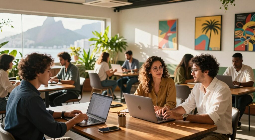 A vibrant coworking space in Brazil, bustling with digital nomads working on laptops. In the foreground, a diverse group of three professionals, including a woman and two men, engaged in discussions, dressed in smart casual attire. The middle ground features a modern, open layout with communal tables, lush indoor plants, and motivational wall art. Sunlight filters through large windows, casting warm, inviting light across the room. In the background, glimpses of Brazilian city life or nature can be seen, perhaps a view of mountains or the ocean. The atmosphere is dynamic and inspiring, conveying a sense of community and creativity, perfect for digital nomads seeking productivity in a tropical environment.