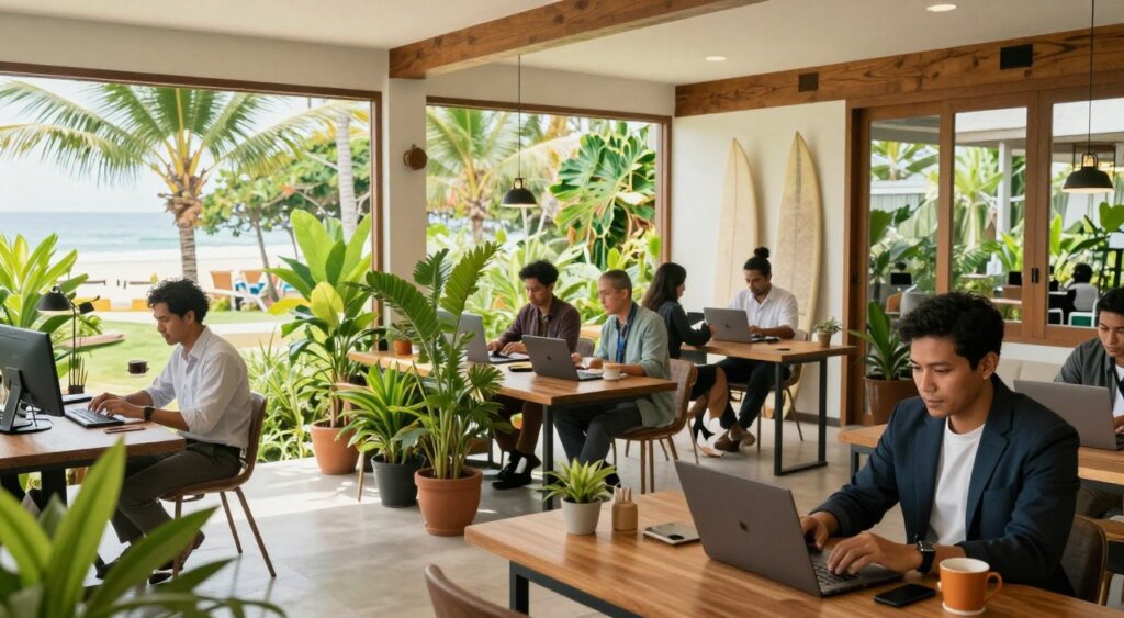 A vibrant coworking space in Canggu, Bali, designed for digital nomads. In the foreground, a group of diverse individuals in professional business attire are engaged in work; one person is typing on a laptop at a communal table, while another is discussing ideas over coffee. The middle ground features stylish desks with green potted plants that add to the relaxed yet productive atmosphere. The space is flooded with natural light, streaming through large windows that showcase a lush tropical garden. In the background, surfboards lean against the wall, hinting at the beach culture. The overall mood is inspiring and conducive to creativity, captured with a warm, inviting color palette to reflect the Balinese vibe. Use a wide-angle lens to emphasize the spaciousness and layout of the coworking area.