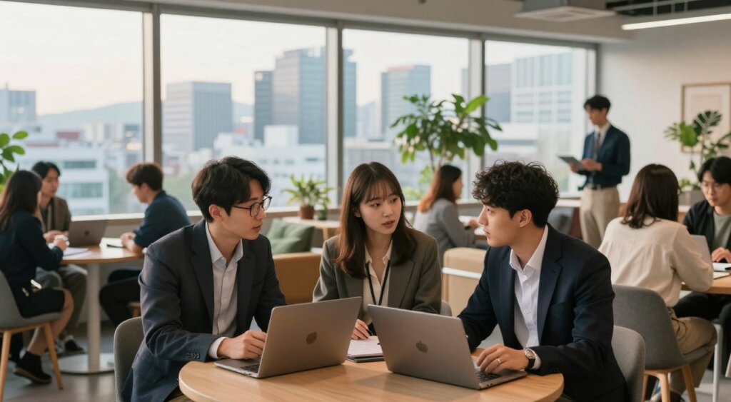 A vibrant coworking space in South Korea, bustling with diverse digital nomads engaging in networking. The foreground features three individuals in professional business attire, animatedly discussing ideas over laptops: a man in a neat blazer and glasses, a woman in a stylish blouse, and a non-binary person in smart casual clothing. In the background, large windows showcase a scenic urban view of Seoul’s skyline, bathed in soft afternoon light creating a warm atmosphere. The middle ground includes modern furnishings, green plants, and round tables where others are collaborating. The overall mood is dynamic and collaborative, emphasizing a blend of cultures and ideas reflecting South Korea’s unique work culture. The photo should have a natural depth of field, creating a slightly blurred background to focus on the networking activities.