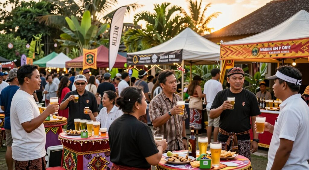 A vibrant cultural festival scene in Bali, showcasing people gathered around colorful booths representing local breweries. In the foreground, a group of diverse individuals wearing modest casual clothing engaged in lively conversation while holding glasses of Bali beer. In the middle, beautifully arranged tables displaying a variety of beer offerings, with traditional Balinese decorations and local snacks. The background features lush tropical greenery and traditional Balinese architecture. Warm, golden sunset lighting casts a soft glow over the scene, creating an inviting atmosphere. The image should capture the festive mood, highlighting Bali beer as a cultural icon within the community, resembling a professional photojournalism style suited for National Geographic quality.