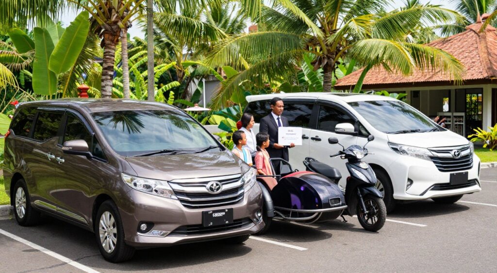 A vibrant depiction of a Bali airport transfer scene, focused on a variety of vehicle options including a luxurious minivan, a spacious SUV, and a motorcycle with sidecar. In the foreground, the vehicles are parked neatly, showcasing their sleek designs and modern features, such as leather interiors and ample luggage space. The middle ground features a well-dressed driver holding a sign, exuding professionalism, while a family with modest casual clothing examines their options. In the background, the tropical greenery of Bali provides a lush setting, with palm trees swaying gently. The lighting is bright and inviting, capturing the essence of a sunny day. Use a slightly elevated angle to encompass the vehicles and surroundings, aiming for a warm, welcoming atmosphere that highlights comfort and convenience in transport.