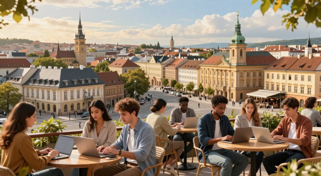 A vibrant digital landscape showcasing popular European countries that offer digital nomad visas, ideally captured in a photojournalism style. In the foreground, feature a diverse group of young professionals, dressed in smart casual attire, working on laptops at an outdoor café with scenic views. The middle layer should include iconic architecture and landmarks representative of major digital nomad destinations, such as remote work-friendly cafés and coworking spaces amidst charming streets. In the background, depict a picturesque city skyline under a bright sky, bathed in warm, golden lighting to evoke a welcoming atmosphere. Use a wide-angle lens to create depth, emphasizing a sense of connection between work and travel in these vibrant European locales.
