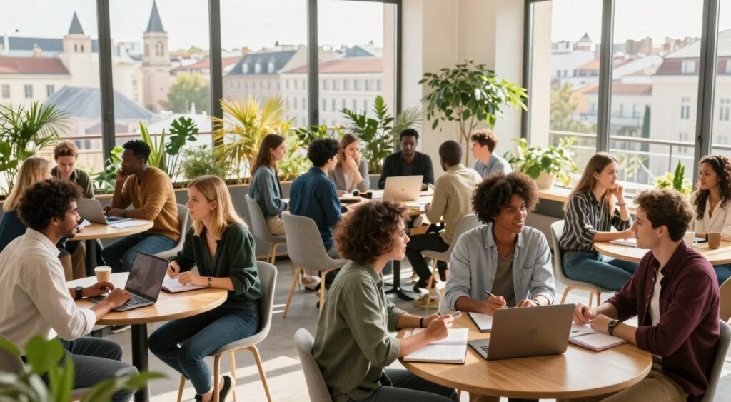 A vibrant digital nomad community gathering in a sunny European co-working space, featuring individuals from diverse backgrounds engaging in conversation and collaboration. In the foreground, a small group of professionals, dressed in business casual attire, shares ideas over laptops and notebooks. In the middle ground, more digital nomads interact, some seated at communal tables surrounded by greenery and modern decor. The background showcases large windows with a view of a historic European cityscape, bathed in warm natural light. The mood is lively and energetic, with a sense of camaraderie and creativity in the air. The composition should be captured at eye level with a wide lens to encompass the bustling atmosphere and natural interactions among the community members.