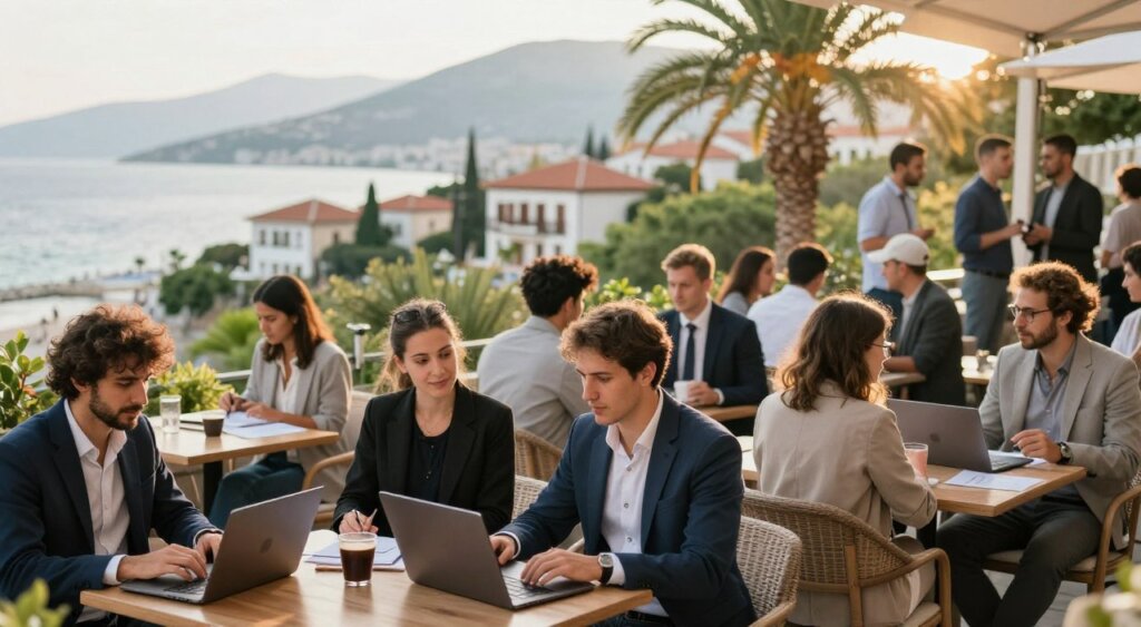 A vibrant digital nomad community in Albania, showcasing a diverse group of people engaging in networking activities. In the foreground, a mix of individuals working on laptops at outdoor cafés, dressed in professional business attire and modest casual clothing, deep in conversation and collaboration. The middle layer features a picturesque coastal scenery with lush greenery and traditional Albanian architecture, enhancing the sense of community and collaboration. In the background, soft sunlight filters through palm trees, creating a warm and inviting atmosphere. The image is captured with a wide-angle lens, focusing on the lively interactions, conveying a sense of connection, creativity, and the dynamic spirit of remote work life in Albania.