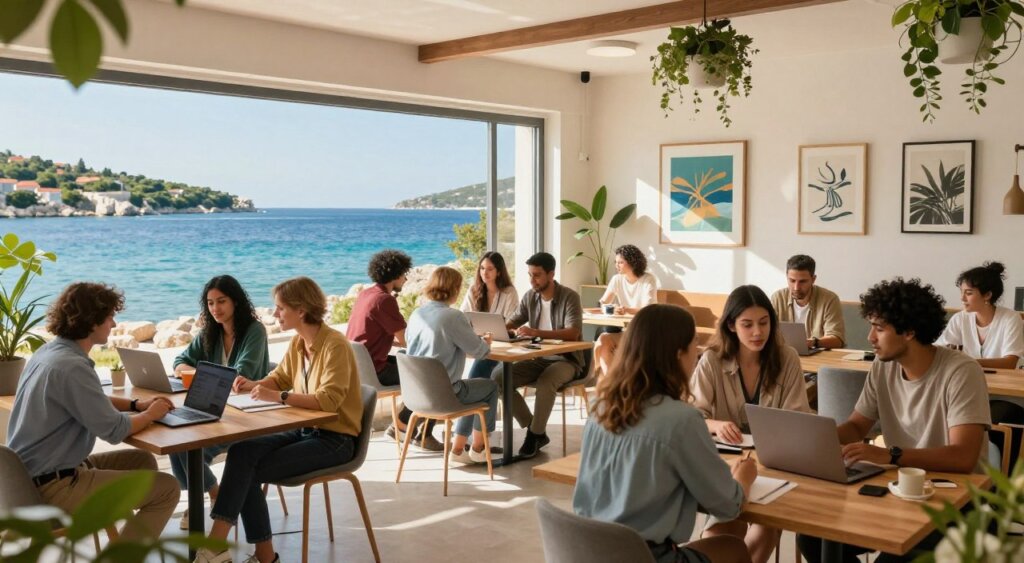 A vibrant digital nomad community in Croatia, showcasing a picturesque coworking space along the Adriatic coast. In the foreground, a diverse group of professionals in smart casual attire, engaged in conversations and collaborating on laptops. In the middle ground, a modern, airy coworking area with large windows letting in natural light, adorned with greenery and local artwork. The background features a stunning view of the turquoise sea and rocky coastline under a clear blue sky. The atmosphere is warm and inviting, infused with a sense of creativity and productivity. Shot with a wide-angle lens, emphasizing the community aspect, while soft, natural lighting creates an uplifting, inspiring mood.