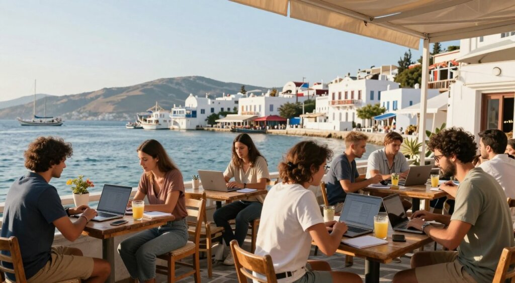 A vibrant digital nomad community in Greece, showcasing a group of professionals in modest casual clothing collaborating on laptops at an outdoor café overlooking a sun-drenched coastal landscape. In the foreground, diverse individuals of various ethnicities are seated at rustic wooden tables adorned with drinks and notebooks, engaged in lively discussions. In the middle ground, a picturesque harbor with traditional Greek boats adds charm, while the backdrop features iconic white-washed buildings and lush hills under a clear blue sky. Soft afternoon light creates a warm and inviting atmosphere, capturing the essence of community and support among digital nomads. The image should convey a sense of productivity and camaraderie, shot with a wide-angle lens to immerse viewers in this vibrant lifestyle.
