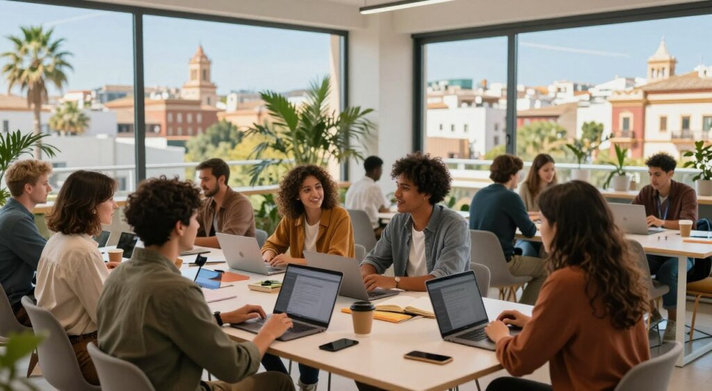 A vibrant digital nomad community in Spain, showcasing a collaborative coworking space. In the foreground, a diverse group of professionals engaged in discussion, wearing smart casual attire, gathered around a large communal table filled with laptops, notebooks, and coffee cups. The middle features a spacious, modern coworking area with large windows allowing natural light to flood in, plants adding a touch of greenery. In the background, a scenic view of a Spanish cityscape, complete with historic architecture and palm trees under a clear blue sky. The atmosphere is warm and inviting, exemplifying a sense of community and creativity. The image should be captured in a realistic style, with soft focus on the background, emulating professional photojournalism.