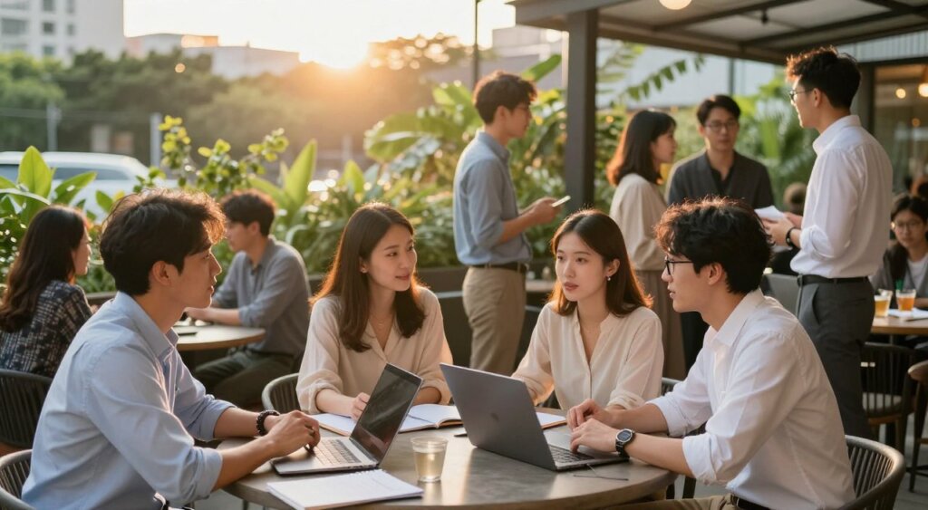 A vibrant digital nomad community in Taiwan, showcasing a group of diverse individuals networking at an outdoor café. In the foreground, three professionals—one in a smart casual shirt, another in a modest blouse, and the third in tailored trousers—are engaged in deep conversation, with laptops and notebooks spread out on the table. In the middle ground, more people are interacting, some exchanging ideas, while a backdrop of lush greenery and urban architecture blends modernity with nature. The sun sets softly, casting a warm golden light, enhancing the relaxed yet productive atmosphere. The angle is slightly elevated, capturing the camaraderie and cultural exchange among nomads in a professional yet inviting environment. The image should evoke a sense of community, collaboration, and exploration.