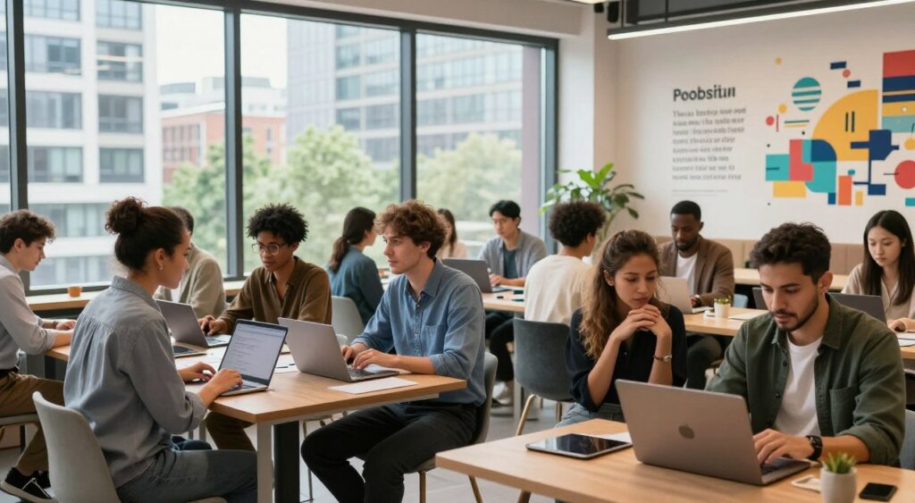 A vibrant digital nomad community in the UK, showcasing a diverse group of young professionals working collaboratively in an urban co-working space. In the foreground, a multi-ethnic group of individuals, dressed in smart casual attire, are engaged in discussions while using laptops and tablets. The middle ground features large windows letting in natural light, revealing a bustling cityscape outside—tall buildings and greenery. In the background, there is a motivational wall mural emphasizing creativity and innovation. The lighting is bright and inviting, creating a productive atmosphere. The mood is dynamic and inspiring, encapsulating the essence of a thriving digital nomad culture in the UK, with a focus on community, collaboration, and the freedom of remote work.