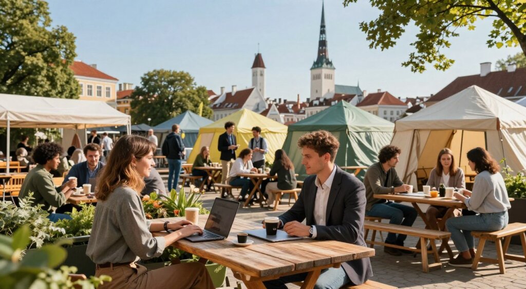 A vibrant digital nomad community scene in Estonia, showcasing a diverse group of professionals engaged in work and conversation outdoors. In the foreground, a woman in smart casual attire is working on a laptop at a rustic wooden table, surrounded by greenery, while two men in business casual clothing share ideas over coffee. The middle ground features colorful tents and cozy outdoor seating filled with other digital nomads networking and collaborating. In the background, the historic architecture of Tallinn's old town peeks through, under a clear blue sky with soft, warm sunlight casting gentle shadows. The atmosphere is lively and inviting, evoking a sense of connection and creativity among like-minded individuals. Photographed using a wide-angle lens with a natural light filter for a warm, professional touch.