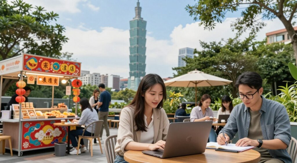 A vibrant digital nomad lifestyle scene in Taipei, Taiwan, showcasing an outdoor coworking environment. In the foreground, a diverse group of professionals, including a young woman in smart casual attire working on a laptop, and a man with glasses taking notes, both absorbed in their tasks. The middle ground features charming street vendors selling local delicacies, with colorful food stalls adorned with traditional Taiwanese decorations. In the background, the iconic Taipei 101 skyscraper rises against a bright blue sky, surrounded by lush greenery. Soft, natural lighting illuminates the scene, evoking a productive and relaxed atmosphere. The composition captures a blend of modern urban life and rich cultural heritage, symbolizing the ideal work-life balance for digital nomads in Taiwan.