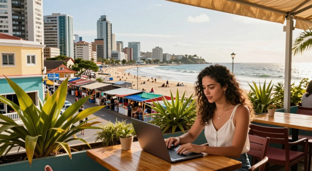 A vibrant digital nomad lifestyle scene in Uruguay, showcasing a professional young woman working on her laptop outdoors at a colorful café in Montevideo, with tropical plants and local architecture in the foreground. In the middle ground, include glimpses of affordable housing and bustling markets that reflect the cost of living. In the background, a sunny coastal view of the Río de la Plata, with beachgoers enjoying the sand and gentle waves. The lighting is warm and inviting, capturing the essence of a relaxed, yet productive day. The composition uses a slight wide-angle lens to immerse viewers in the atmosphere of this dynamic environment, conveying a sense of adventure and community. The mood is positive and inspiring, emphasizing the appeal of living and working in Uruguay as a digital nomad, without any text or overlays.