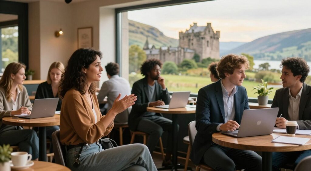 A vibrant digital nomad networking event set in a cozy Scottish café, showcasing a diverse group of professionals engaging in conversation. In the foreground, a woman in smart casual attire animatedly gestures while discussing ideas with a man in a business suit. The middle ground features small tables with laptops, coffee cups, and notebooks scattered, representing a collaborative atmosphere. In the background, a large window reveals a picturesque Scottish landscape with rolling hills and ancient castles under a soft, golden afternoon light. The scene captures a warm, inviting mood, emphasizing connection and creativity among digital nomads. The photo should have a realistic, photojournalistic style, mimicking the quality of National Geographic imagery, with a shallow depth of field and natural lighting.