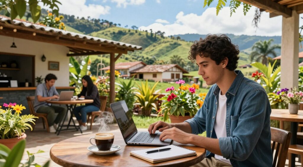 A vibrant digital nomad workspace in Colombia, featuring a professional individual in smart casual attire, seated at a wooden table with a laptop open, surrounded by lush greenery and colorful flowers typical of Colombian landscapes. In the foreground, a steaming cup of coffee and a notepad with a pen enhance the atmosphere. The middle ground includes a rustic outdoor cafe with a few other remote workers engaged in similar activities, all under a bright blue sky filtered by gentle sunlight. The background showcases the rolling hills of Colombia, dotted with traditional houses and palm trees. Capture this scene with a warm, inviting lighting that conveys productivity and the joy of a flexible work environment, using a wide-angle lens for a dynamic perspective.