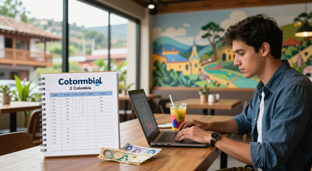 A vibrant digital nomad workspace in Colombia, showcasing a young professional in a modern café setting. The foreground features a focused individual, dressed in smart casual attire, working on a laptop with a colorful drink nearby. In the middle, an array of items representing the cost of living, such as a budget notebook, rental price chart, and local currency, are artistically arranged. The background reveals elements of Colombian culture, like a mural depicting local landscapes and traditional architecture, with lush greenery visible through large windows. Soft, natural light streams in, creating a warm and inviting atmosphere, evoking the essence of a productive yet relaxed lifestyle in a bustling city. Shot with a shallow depth of field to emphasize the subject and create a professional, photojournalism feel.