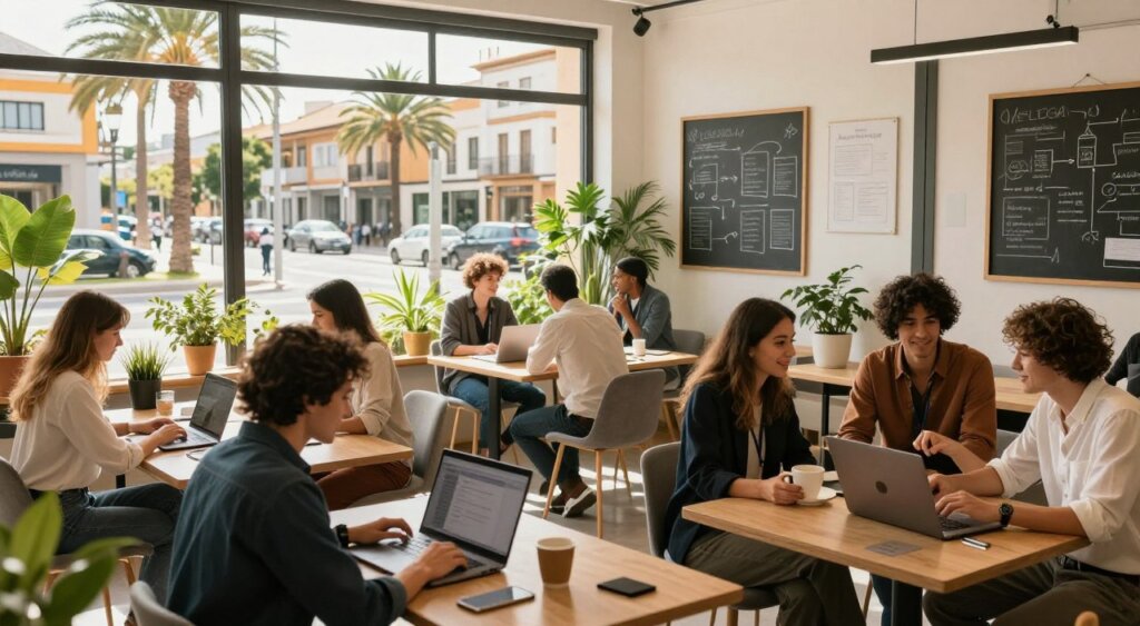 A vibrant digital nomad workspace in Spain, showcasing a modern co-working space with large windows overlooking a sunny street filled with palm trees. In the foreground, a diverse group of individuals in professional casual attire engaged in work on laptops, sharing ideas and enjoying coffee. The middle ground features stylish desks with plants, and a chalkboard with brainstorming notes. In the background, light filters through the windows, creating a warm and inviting atmosphere. The scene captures a bustling, innovative environment, emphasizing the cost-effective lifestyle for digital nomads in a picturesque Spanish city. The lighting is soft and natural, reminiscent of a sunny afternoon. The overall mood is energetic yet relaxed, reflecting the essence of remote work in a vibrant cultural setting.