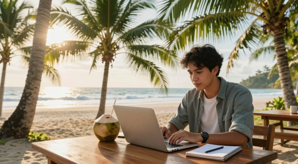 A vibrant digital nomad workspace in the Philippines, featuring a young professional in smart casual attire, focused on a laptop amidst a tropical setting. In the foreground, a wooden table adorned with a laptop, a notepad, and a refreshing coconut drink. The middle ground showcases lush green palm trees and a beach view, hinting at the affordability of living in this paradise. Soft, golden sunlight filters through the leaves, creating a warm and inviting atmosphere. In the background, distant ocean waves gently lap against the shore, symbolizing serenity and the blend of work and leisure. The scene is captured in natural lighting, using a wide-angle lens to convey a sense of space and opportunity.