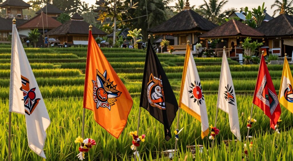 A vibrant display of Bali's regional flags prominently featuring cultural symbols, arranged artfully in the foreground. Each flag showcases intricate designs specific to different Balinese traditions, including traditional motifs like the Barong and offerings. In the middle ground, lush green rice terraces and traditional Balinese architecture create a serene backdrop, bathed in warm, golden sunlight that highlights the colors of the flags. The scene is captured from a slightly elevated angle, providing an expansive view of the flags fluttering gently in the breeze. The atmosphere exudes a sense of pride and cultural richness, inviting the viewer to explore Bali's diverse heritage while maintaining a professional and realistic photojournalism style reminiscent of National Geographic quality.
