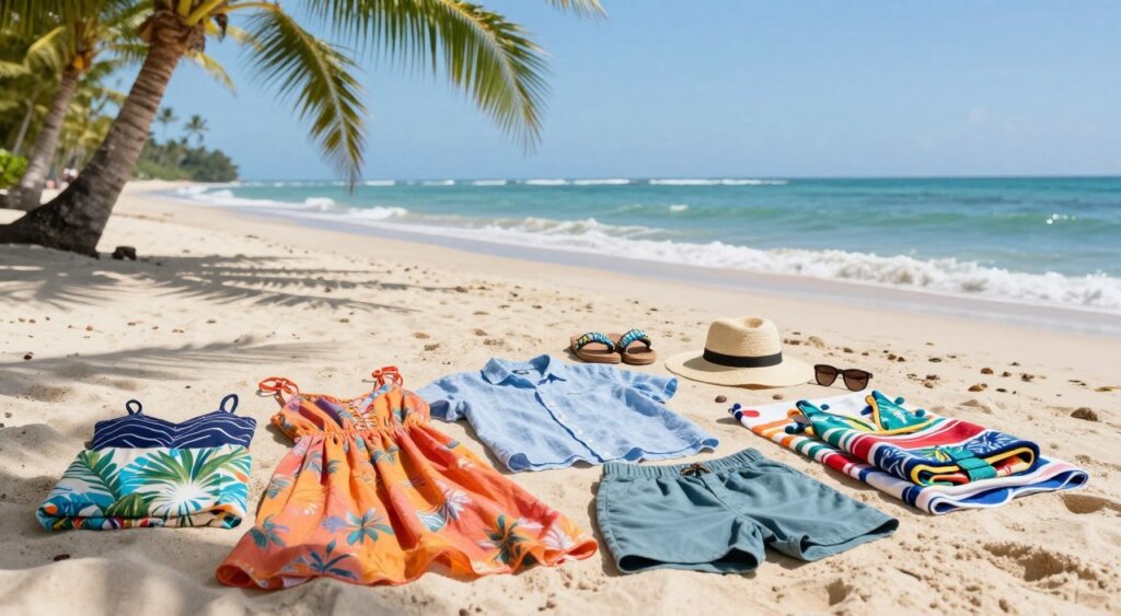 A vibrant display of clothing and swimwear essentials for Bali, perfectly arranged on a sandy beach. In the foreground, a colorful assortment of lightweight fabrics – flowing sundresses, breathable linen shirts, and casual shorts – are layered harmoniously. Next to them, neatly folded swimwear and beach towels in tropical patterns hint at relaxation. The middle ground features stylish beach sandals and a wide-brimmed sun hat, complementing a pair of sunglasses. In the background, the serene ocean waves gently lap against the shore under a clear blue sky, with palm trees swaying softly, casting dappled sunlight. The image is captured with a bright, natural light setting, using a slightly elevated angle to emphasize the laid-back, tropical atmosphere, evoking a sense of adventure and paradise.
