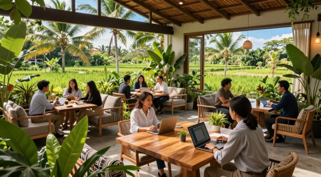 A vibrant, eco-friendly coworking space nestled in the lush greenery of Bali. In the foreground, a stylish wooden table with laptops and tropical plants, surrounded by individuals in professional business attire engaged in creative discussions. The middle ground features cozy seating areas with organic textiles, large windows allowing natural light to flood in, showcasing an open layout that blends seamlessly with nature. In the background, picturesque palm trees and a serene view of rice paddies under a bright blue sky. The lighting is warm and inviting, with soft shadows enhancing the tranquil atmosphere. Captured from a slightly elevated angle, the image conveys a sense of collaboration and peace, reflecting the unique attributes of sustainable coworking in Bali.