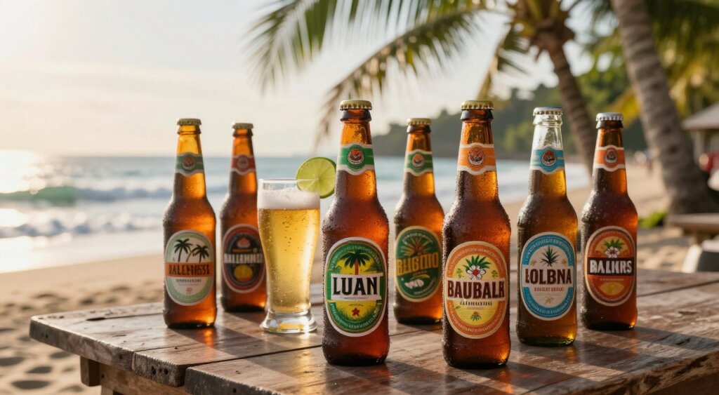 A vibrant, enticing display of popular Bali beer brands showcased on a rustic wooden table. In the foreground, several beautifully designed beer bottles with tropical motifs and colorful labels, including well-known Balinese brands. The middle ground features a refreshing glass of beer adorned with a slice of lime, condensation glistening in the sunlight. The background captures a picturesque Bali beach scene, with soft waves and lush palm trees, bathed in warm golden hour light, creating an inviting atmosphere. The angle is slightly overhead, highlighting the beer labels for clarity while maintaining depth. The overall mood is relaxed and tropical, perfect for evoking the spirit of Bali's beer culture.