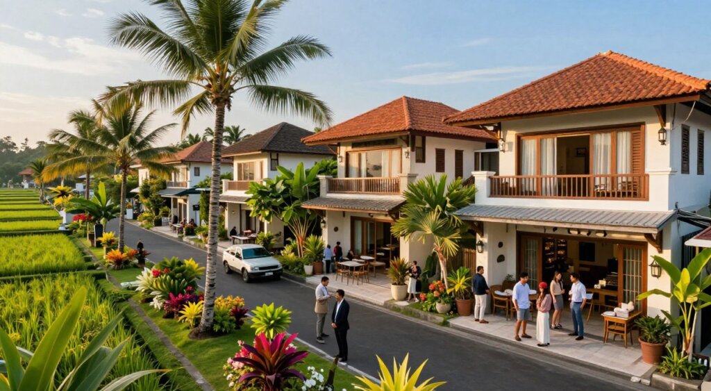A vibrant expat neighborhood in Bali featuring luxurious villas and charming Balinese-inspired architecture. In the foreground, lush tropical gardens draw attention, with colorful flowers and palm trees swaying gently in the breeze. The middle ground showcases a lively street scene filled with people in professional business attire and modest casual clothing, engaging in conversation as they explore local cafes and boutique shops. The background reveals stunning rice paddies under a clear blue sky, with distant hills providing a scenic backdrop. Soft, warm lighting bathes the scene, creating a welcoming atmosphere. Captured from a slightly elevated angle, this image portrays the allure of Bali as an ideal location for renting, reflecting community and lifestyle in a picturesque setting.