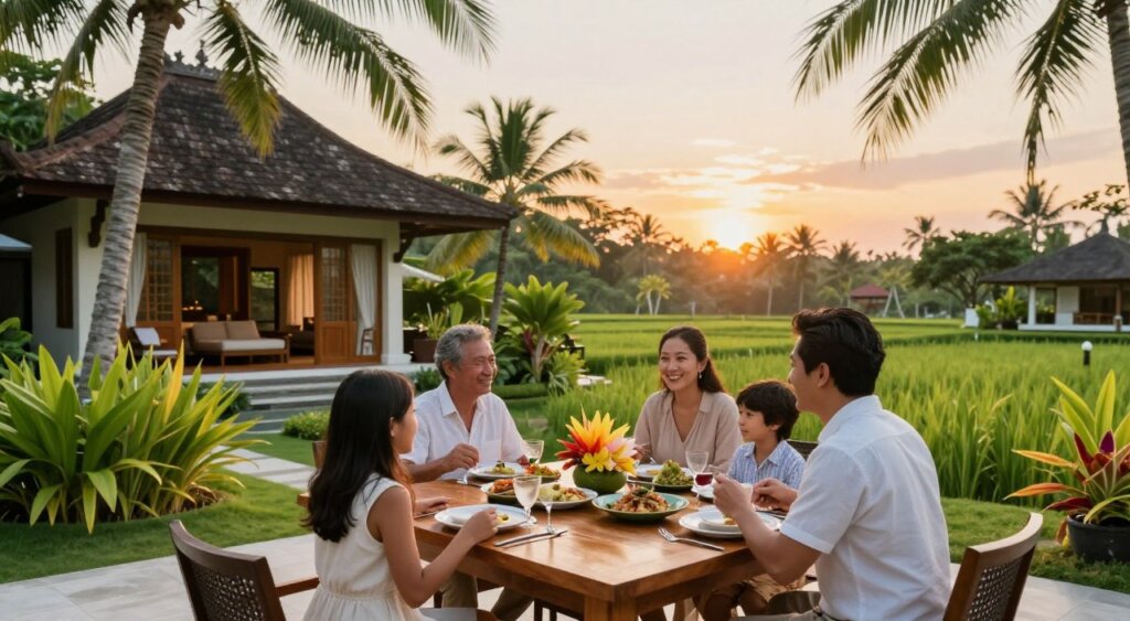 A vibrant family dining scene set near a luxurious Bali family villa. In the foreground, a cheerful family of four, dressed in modest casual clothing, is gathered around a beautifully set wooden dining table adorned with tropical flowers and traditional Balinese dishes. In the middle ground, lush greenery and palm trees frame the setting, with the villa's elegant architecture visible just behind them. In the background, the sun sets over a tranquil rice paddy, casting warm, golden hues across the sky. Natural light gently illuminates the scene, creating a serene and inviting atmosphere. Capture this moment from a slightly elevated angle for a more dynamic perspective, emphasizing the harmony between family, nature, and Balinese culture.